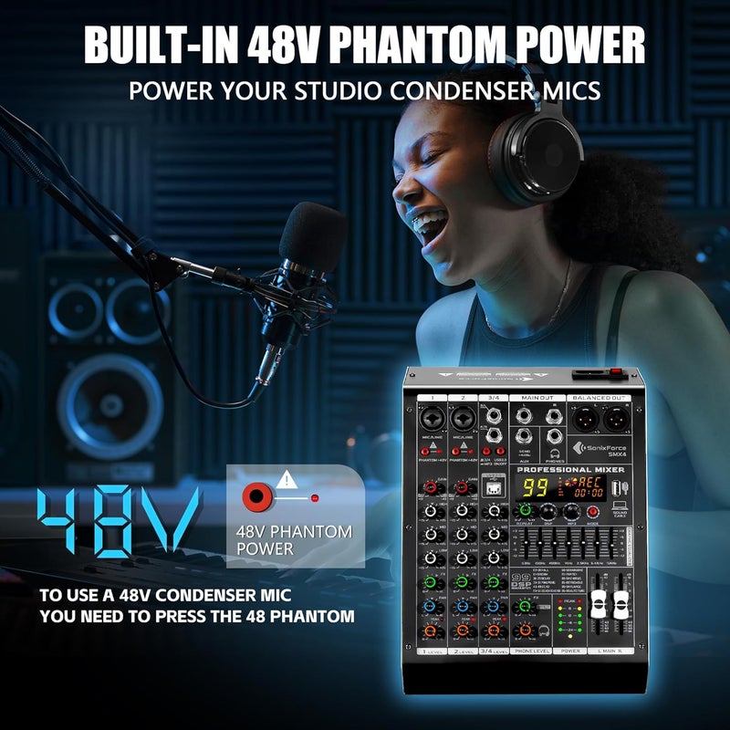 SonixForce 4 Channel Audio Mixer, 99 DSP Sound Board Console with 48V Phantom Power, Professional DJ Mixer for Podcasting, Streaming, Studio Recording (SMX4) - Image 5